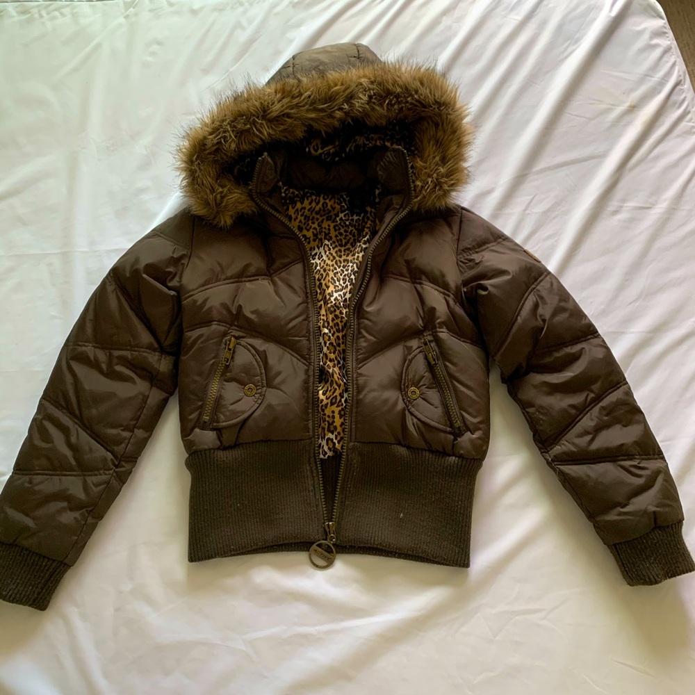 DKNY brown/ leopard puffer hooded jacket